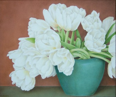 White tulips in blue vase